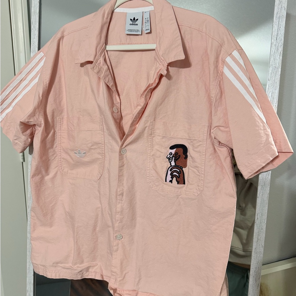 Adidas Light Pink Button-Up Shirt with White Stripes